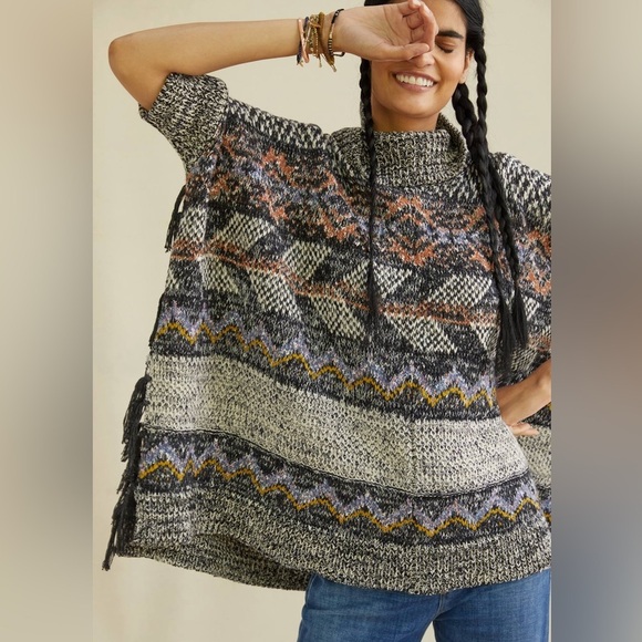Anthropologie Pilcro Magda Fringe Knit Sweater Poncho Boho - Picture 1 of 10